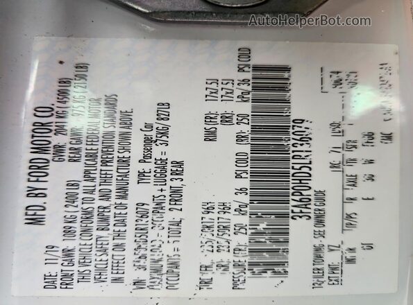 3FA6P0HD5LR136079 2020 FORD FUSION White ძრავის განყოფილების ხედი