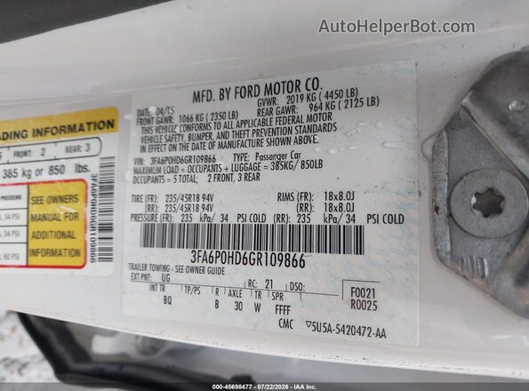 3FA6P0HD6GR109866 2016 FORD FUSION White ძრავის განყოფილების ხედი