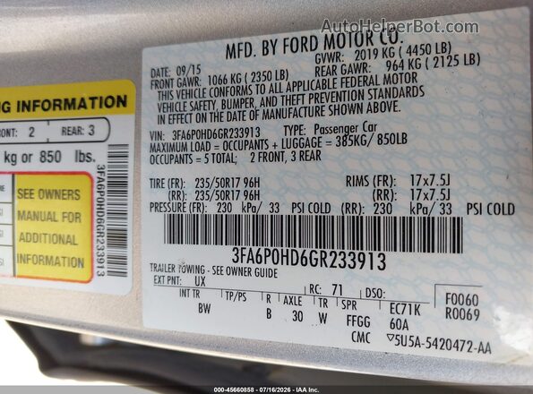 3FA6P0HD6GR233913 2016 FORD FUSION Silver Engine compartment view