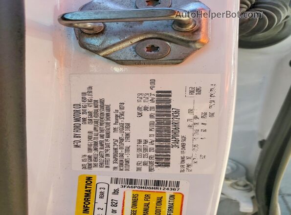 3FA6P0HD6HR124367 2017 FORD FUSION White Vista del compartimento del motor