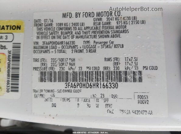3FA6P0HD6HR166330 2017 FORD FUSION Белый Вид подкапотного пространства