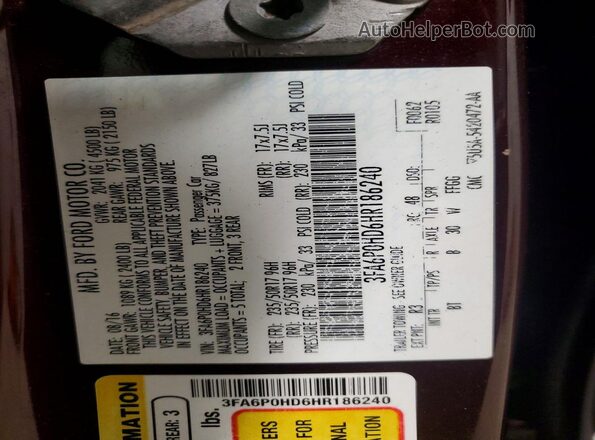 3FA6P0HD6HR186240 2017 FORD FUSION Burgundy Engine compartment view