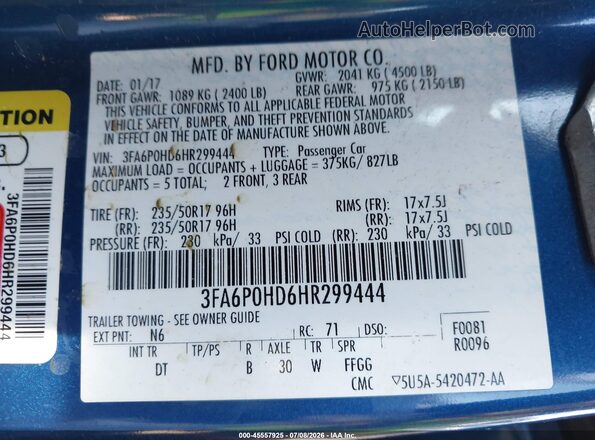 3FA6P0HD6HR299444 2017 FORD FUSION Blue Widok komory silnika