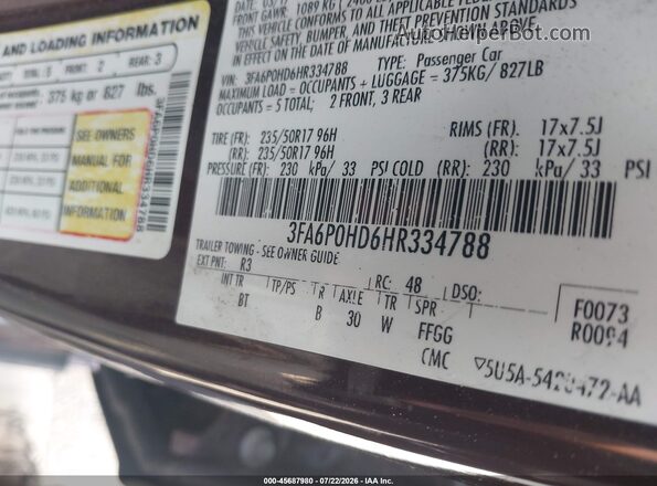 3FA6P0HD6HR334788 2017 FORD FUSION Purple ძრავის განყოფილების ხედი