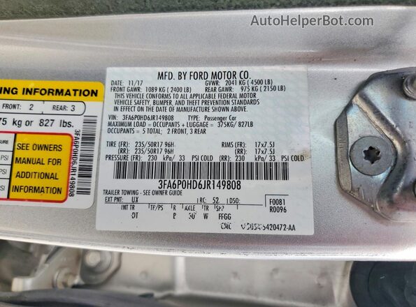 3FA6P0HD6JR149808 2018 FORD FUSION Silver VIN sticker view