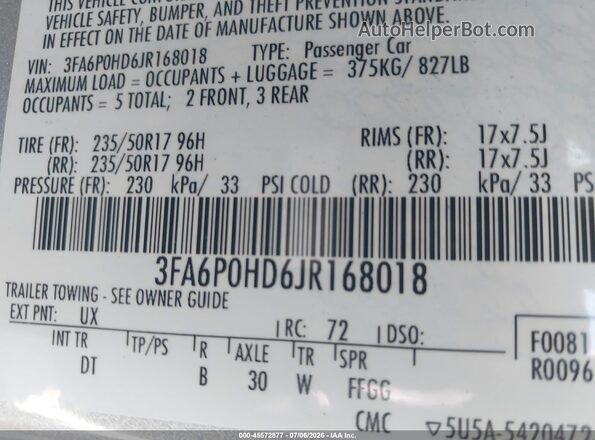 3FA6P0HD6JR168018 2018 FORD FUSION Gray ძრავის განყოფილების ხედი