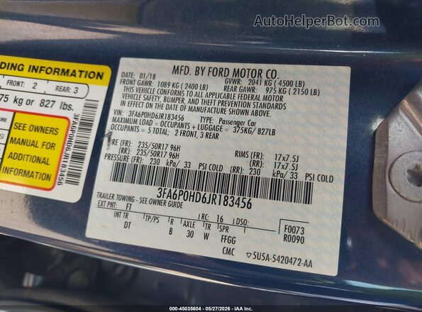 3FA6P0HD6JR183456 2018 FORD FUSION Blue ძრავის განყოფილების ხედი