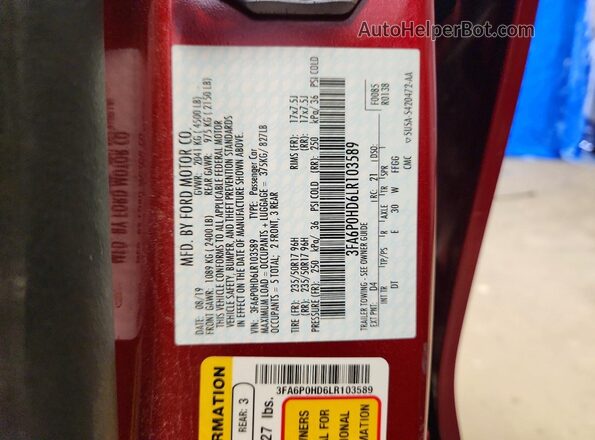 3FA6P0HD6LR103589 2020 FORD FUSION Burgundy Widok naklejki z numerem VIN