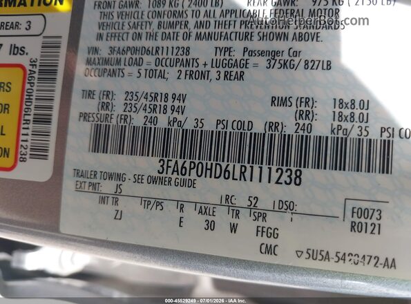 3FA6P0HD6LR111238 2020 FORD FUSION Silver Engine compartment view