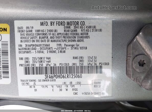 3FA6P0HD6LR125060 2020 FORD FUSION Silver Widok komory silnika