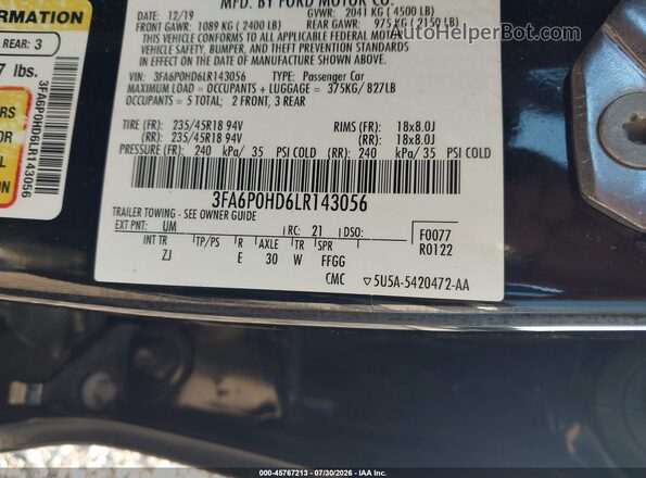 3FA6P0HD6LR143056 2020 FORD FUSION Black Engine compartment view