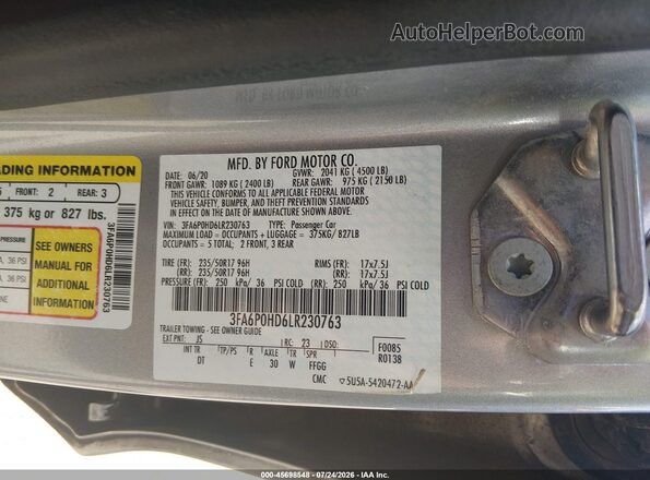 3FA6P0HD6LR230763 2020 FORD FUSION Silver Engine compartment view
