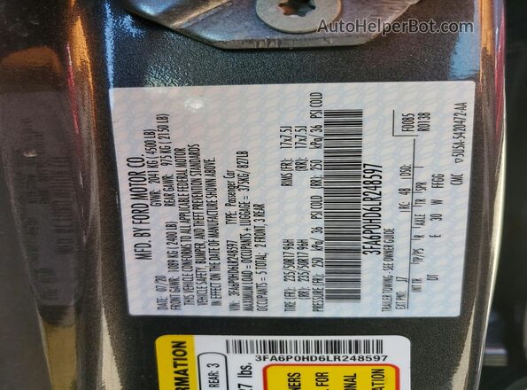 3FA6P0HD6LR248597 2020 FORD FUSION Charcoal Vista de la etiqueta del VIN