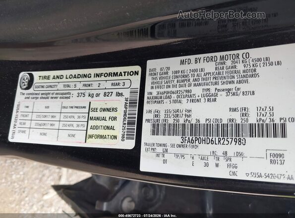3FA6P0HD6LR257980 2020 FORD FUSION Black Շարժիչի բաժամունքի տեսք