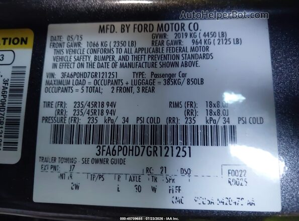 3FA6P0HD7GR121251 2016 FORD FUSION Серый Вид подкапотного пространства