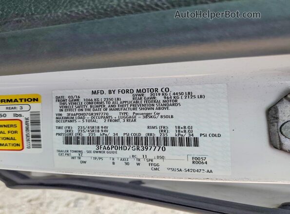 3FA6P0HD7GR397770 2016 FORD FUSION White Widok komory silnika