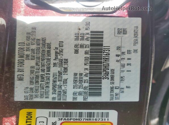 3FA6P0HD7HR167311 2017 FORD FUSION Burgundy Вид підкапотного простору