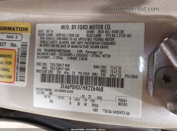 3FA6P0HD7HR226468 2017 FORD FUSION Gold ძრავის განყოფილების ხედი