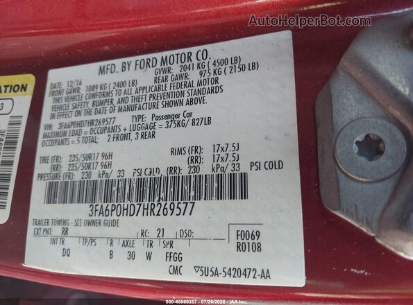 3FA6P0HD7HR269577 2017 FORD FUSION Burgundy Vista del compartimento del motor