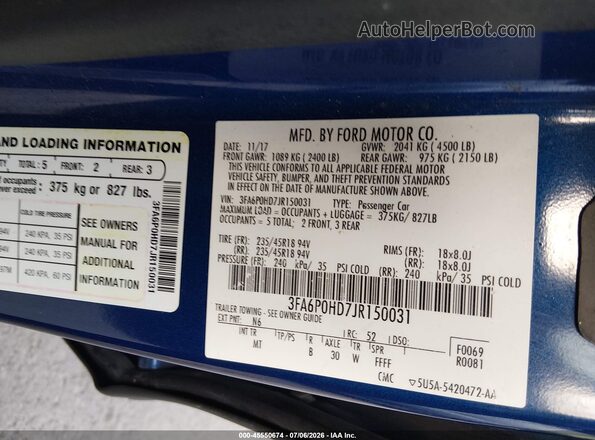 3FA6P0HD7JR150031 2018 FORD FUSION Blue Vista del compartimento del motor