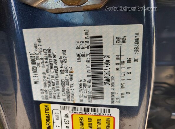 3FA6P0HD7JR206131 2018 FORD FUSION Blue Շարժիչի բաժամունքի տեսք