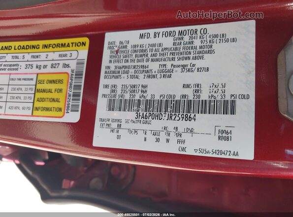 3FA6P0HD7JR259864 2018 FORD FUSION Red Engine compartment view