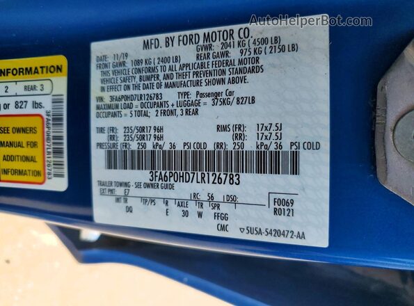 3FA6P0HD7LR126783 2020 FORD FUSION Синий Вид подкапотного пространства