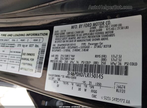 3FA6P0HD7LR150145 2020 FORD FUSION Черный Вид подкапотного пространства