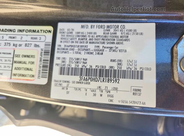 3FA6P0HD7LR189592 2020 FORD FUSION Gray Widok komory silnika