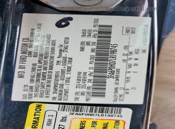 3FA6P0HD7LR198745 2020 FORD FUSION Blue Vista interior de 360 grados