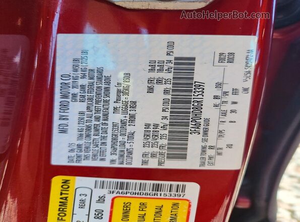 3FA6P0HD8GR153397 2016 FORD FUSION Red Vista del compartimento del motor