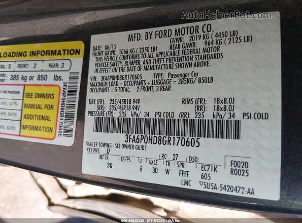 3FA6P0HD8GR170605 2016 FORD FUSION Gray Widok komory silnika