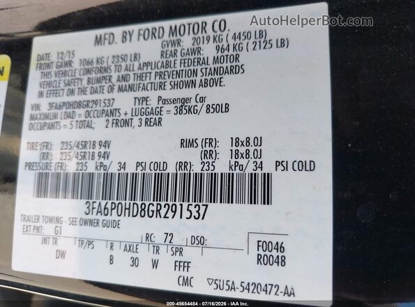 3FA6P0HD8GR291537 2016 FORD FUSION Black Engine compartment view