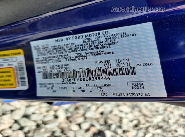 3FA6P0HD8GR299444 2016 FORD FUSION Blue ძრავის განყოფილების ხედი
