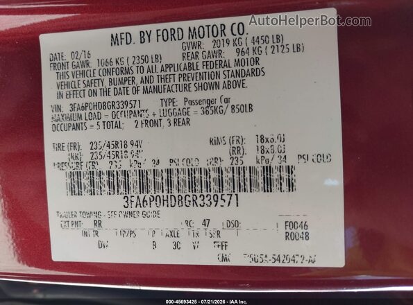 3FA6P0HD8GR339571 2016 FORD FUSION Burgundy Widok komory silnika
