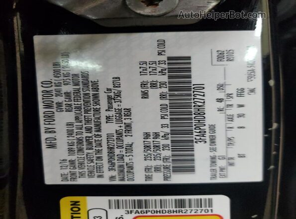 3FA6P0HD8HR272701 2017 FORD FUSION Black Widok naklejki z numerem VIN