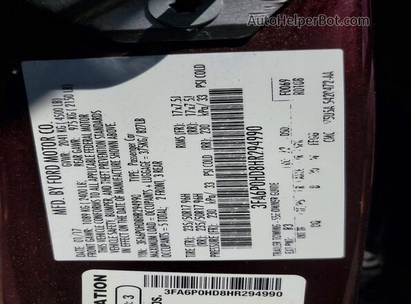3FA6P0HD8HR294990 2017 FORD FUSION Burgundy Widok komory silnika