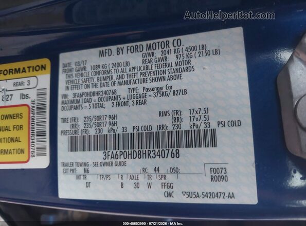 3FA6P0HD8HR340768 2017 FORD FUSION Blue Engine compartment view