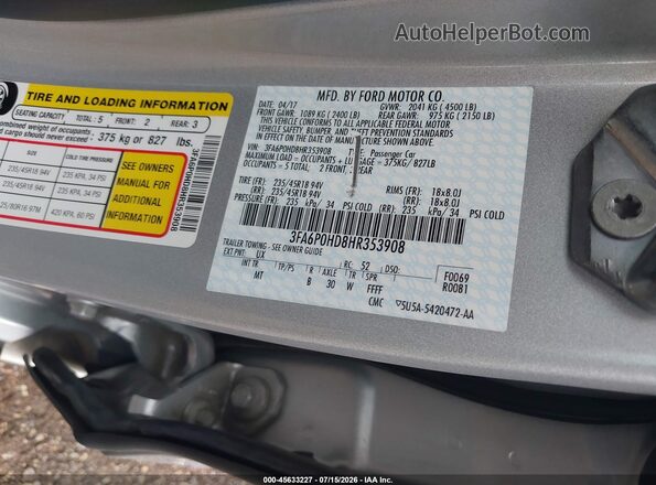 3FA6P0HD8HR353908 2017 FORD FUSION Серебряный Вид подкапотного пространства