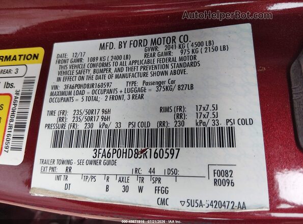 3FA6P0HD8JR160597 2018 FORD FUSION Red ძრავის განყოფილების ხედი