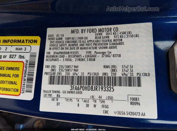3FA6P0HD8JR193325 2018 FORD FUSION Blue Engine compartment view