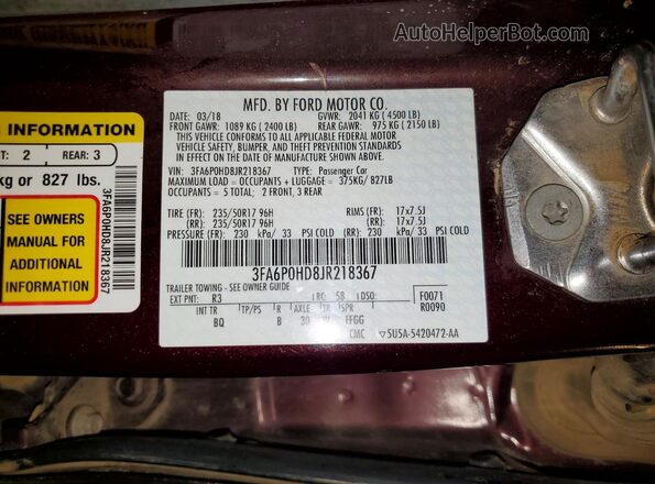 3FA6P0HD8JR218367 2018 FORD FUSION Maroon ძრავის განყოფილების ხედი