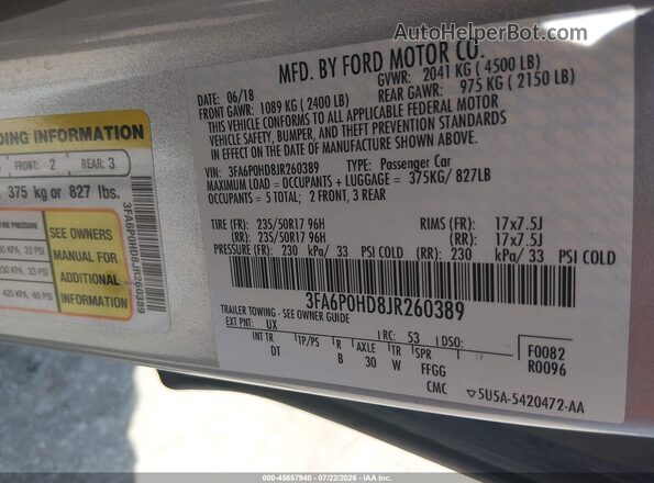 3FA6P0HD8JR260389 2018 FORD FUSION Silver Вид підкапотного простору