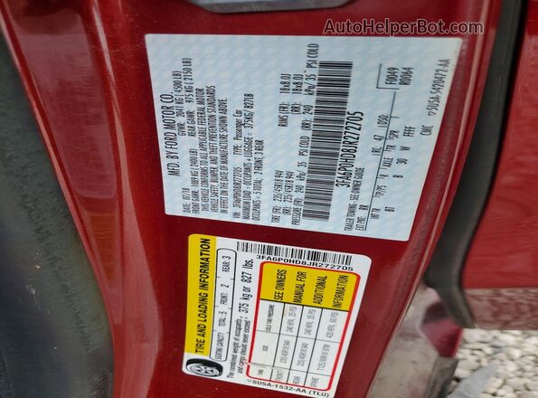 3FA6P0HD8JR272705 2018 FORD FUSION Red Vista de la etiqueta del VIN