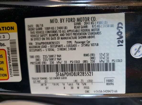 3FA6P0HD8JR285521 2018 FORD FUSION Black ძრავის განყოფილების ხედი