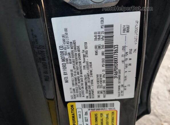 3FA6P0HD8KR178633 2019 FORD FUSION Black Widok komory silnika