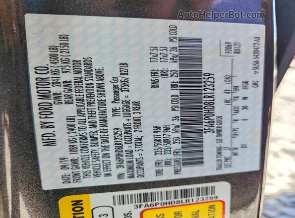 3FA6P0HD8LR123259 2020 FORD FUSION Gray ძრავის განყოფილების ხედი