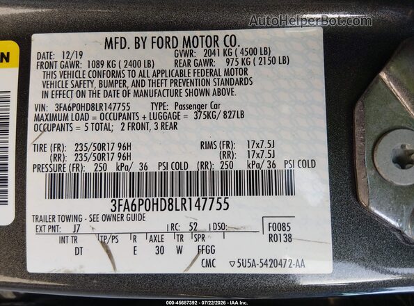 3FA6P0HD8LR147755 2020 FORD FUSION Gray Widok komory silnika