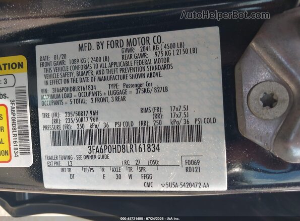 3FA6P0HD8LR161834 2020 FORD FUSION Blue ძრავის განყოფილების ხედი