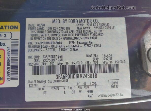 3FA6P0HD8LR248018 2020 FORD FUSION Dark Blue Vista del compartimento del motor